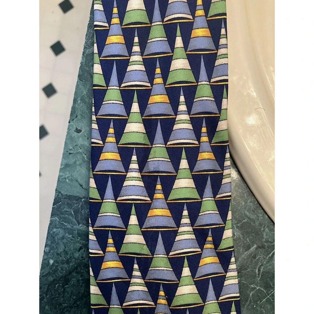 Vintage Gucci Silk Neck Tie Blue And Green Stirrup Graphic Party Italy GG Lining
